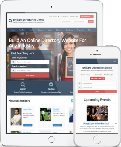 Mobile friendly directory website displayed across multiple devices